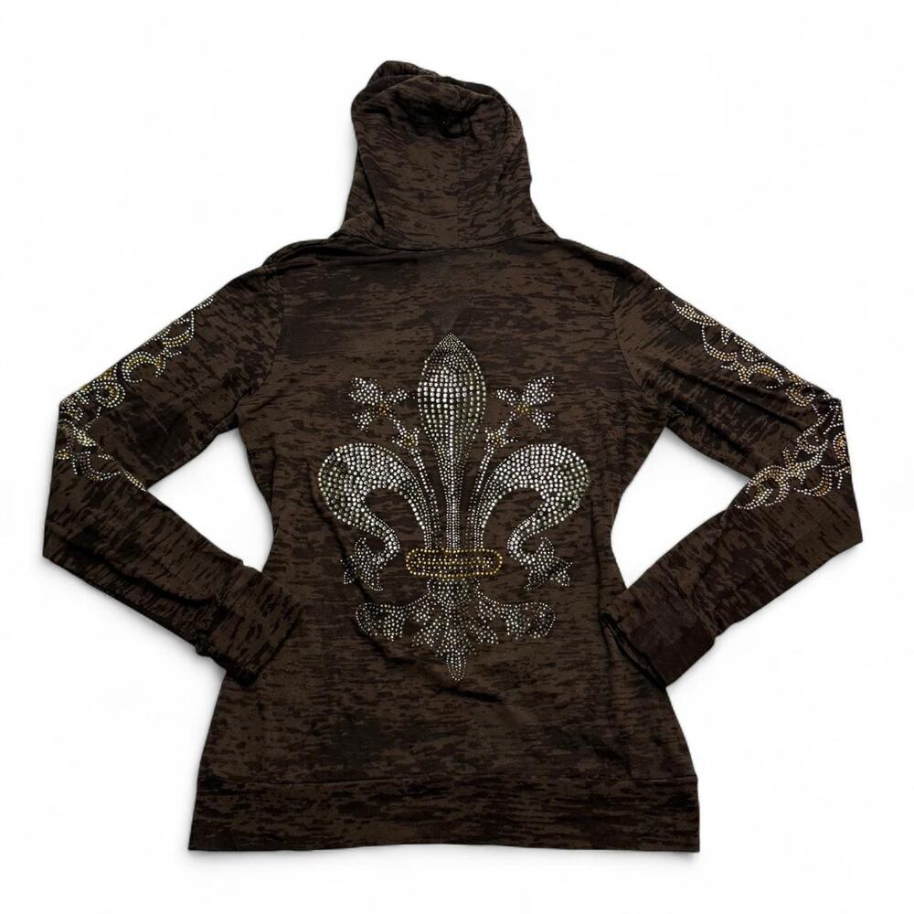 Y2K Sheer 2000s Brown rhinestone fleur de lis long sleeve top hood Mcbling large - Picture 7 of 7